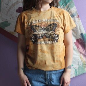 VTG Harley-Davidson Women Orange Tie-Dye Wild Heart Butterfly Y2K T-Shirt S/M